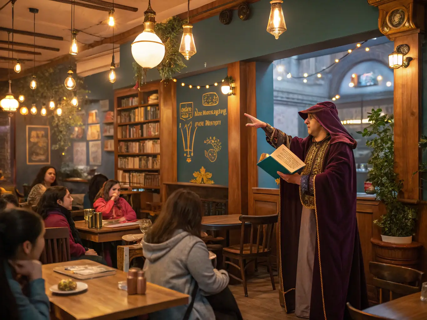 A vibrant image showcasing children participating in a storytelling event at Parisplaycafe, with a cozy and inviting atmosphere.