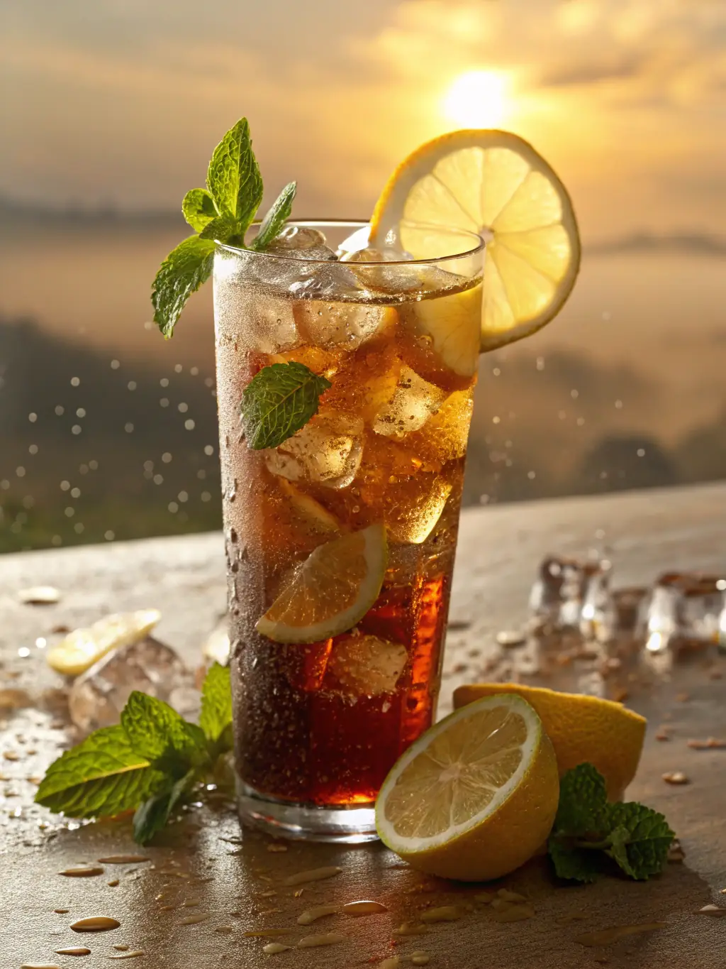 A refreshing image of a glass of iced tea with lemon slices and mint leaves, placed on a table with a menu in the background, in a relaxed cafe atmosphere.