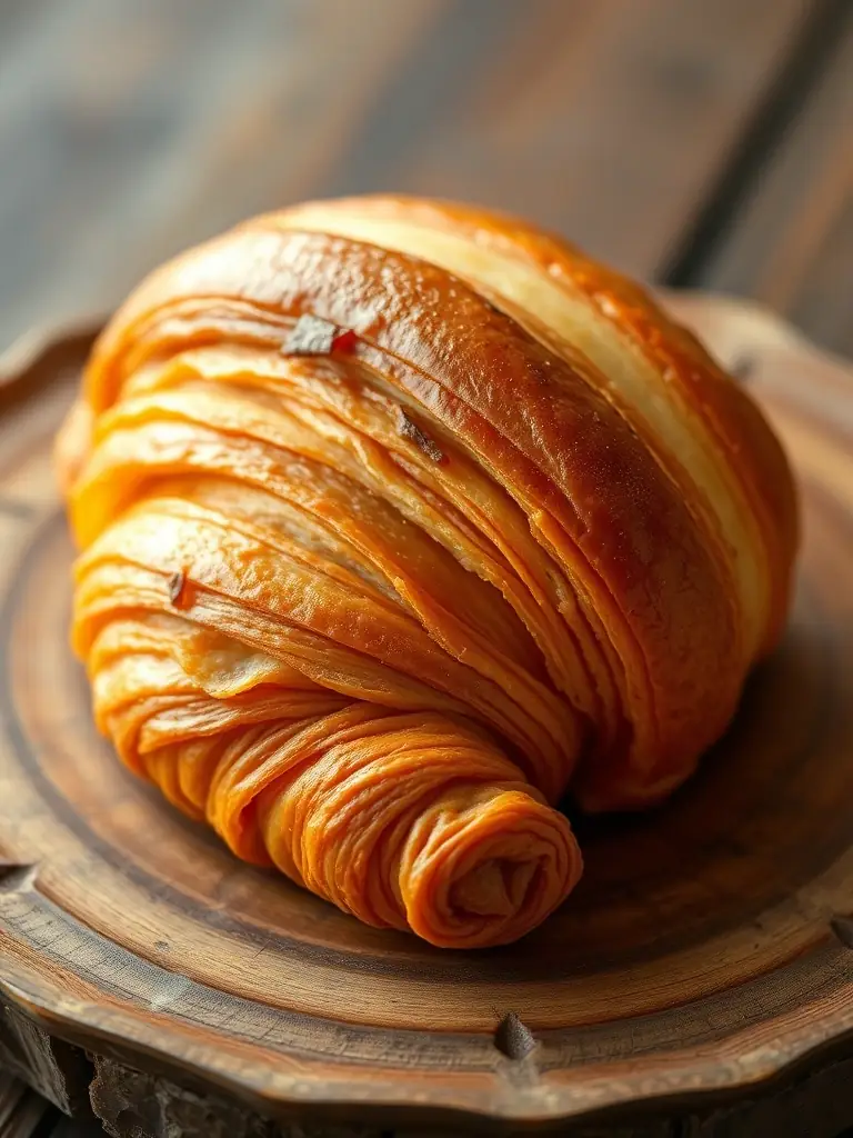 A close-up shot of a freshly baked croissant, golden brown and flaky, with a cup of coffee in the background, set in a bright and airy cafe.