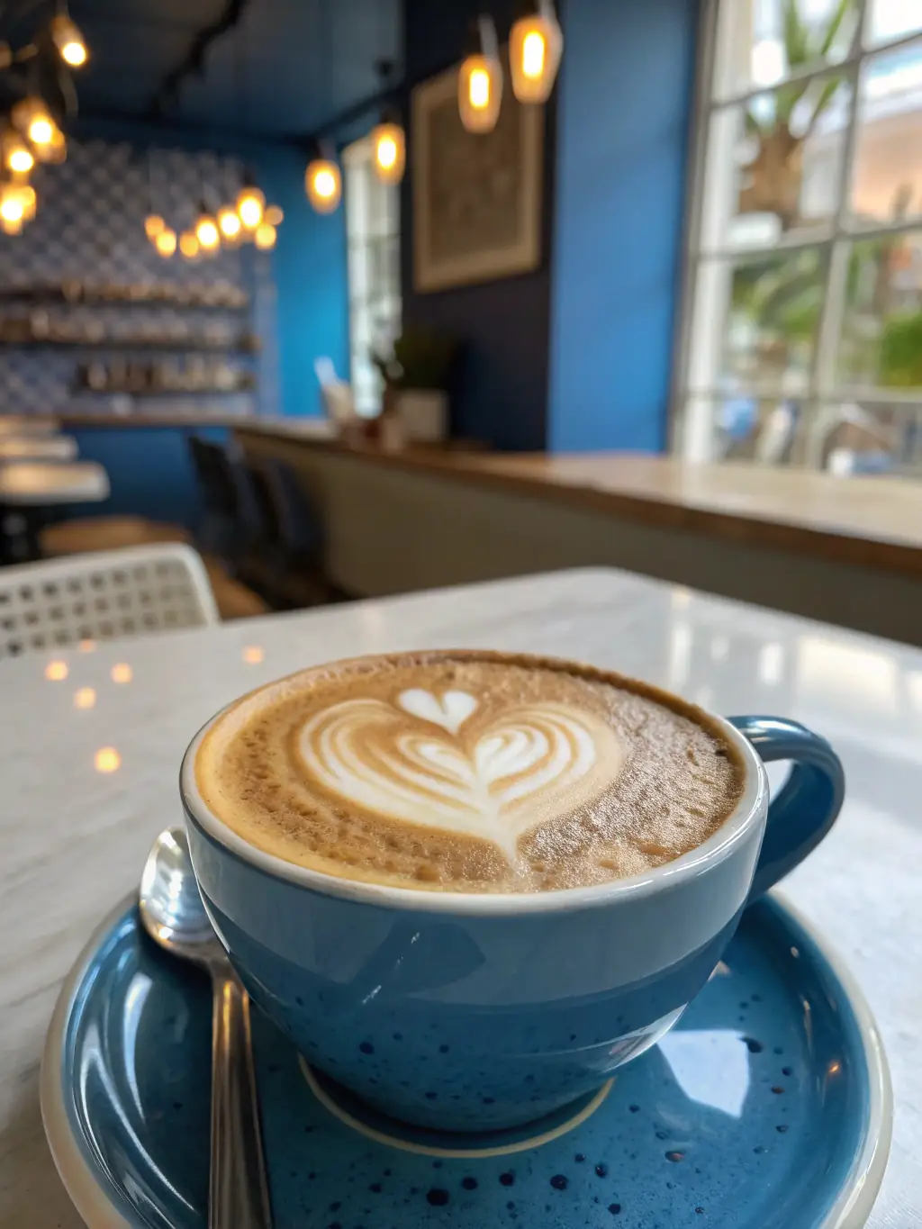 A vibrant photograph showcasing a latte art design on a cappuccino, placed on a wooden table with coffee beans scattered around, in a cozy cafe setting.
