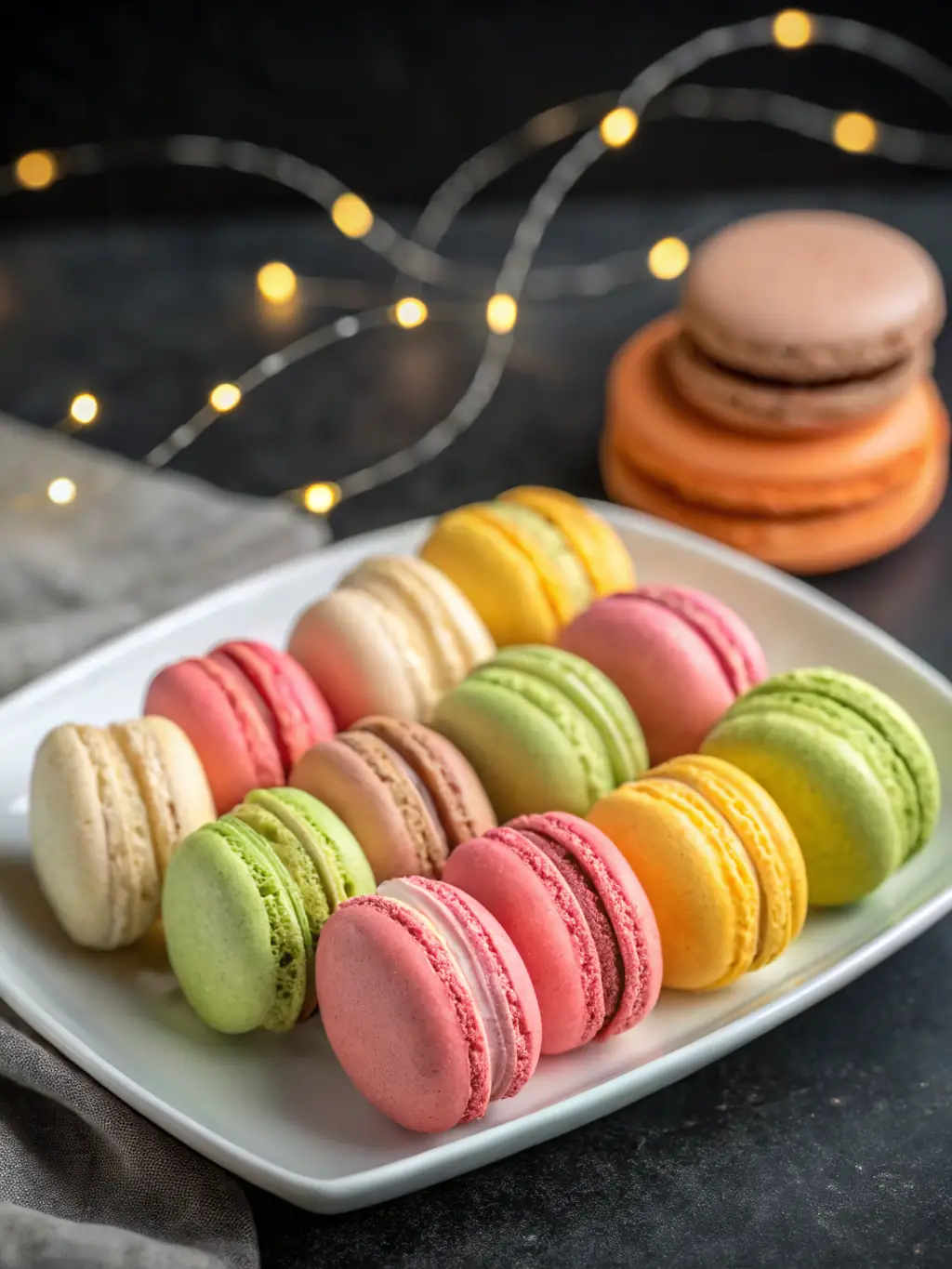 A colorful image of a plate of assorted macarons, each with a different flavor and color, arranged artfully on a white plate, in a patisserie setting.